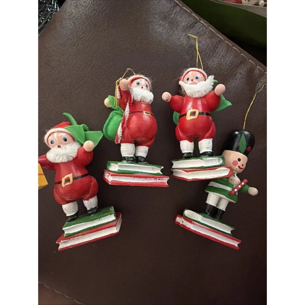 4 Vintage Santa & Snowman Wooden Ornaments Standing On Books Wood Christmas
